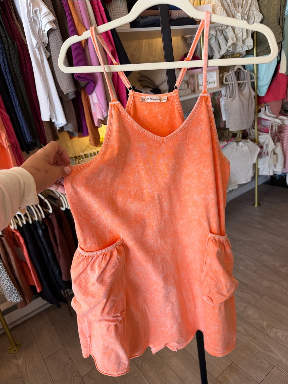 Zenana Outfitters Orange Tie-Dye Terry Pocket Shorts Romper